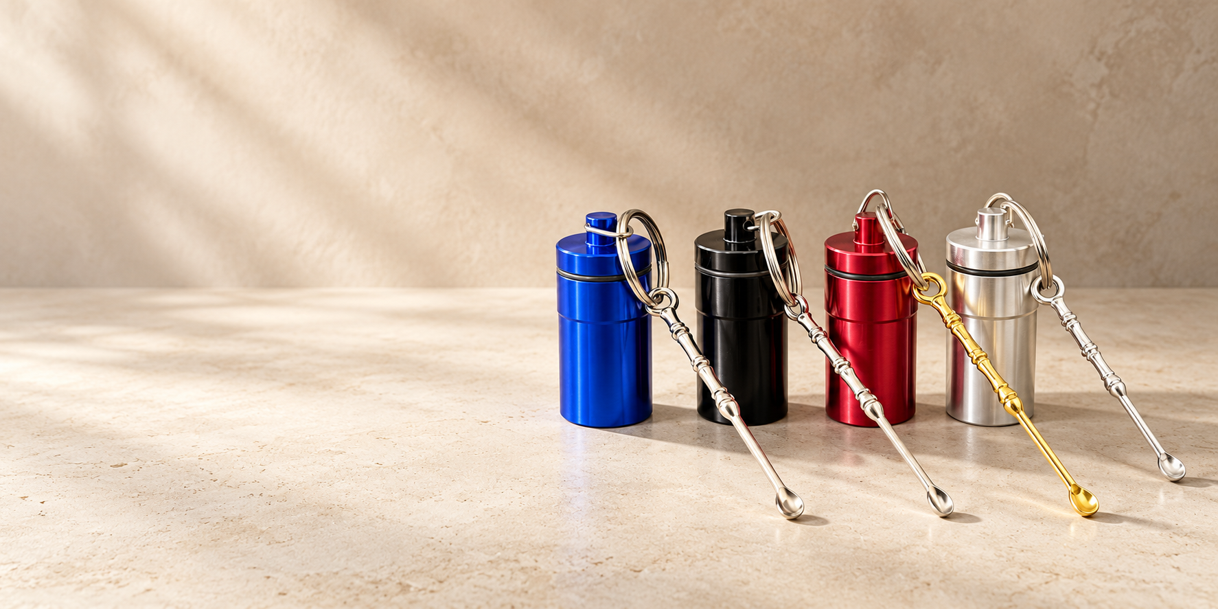 Four metal snuff containers with attached spoons, in blue, black, red and silver, on pale limestone