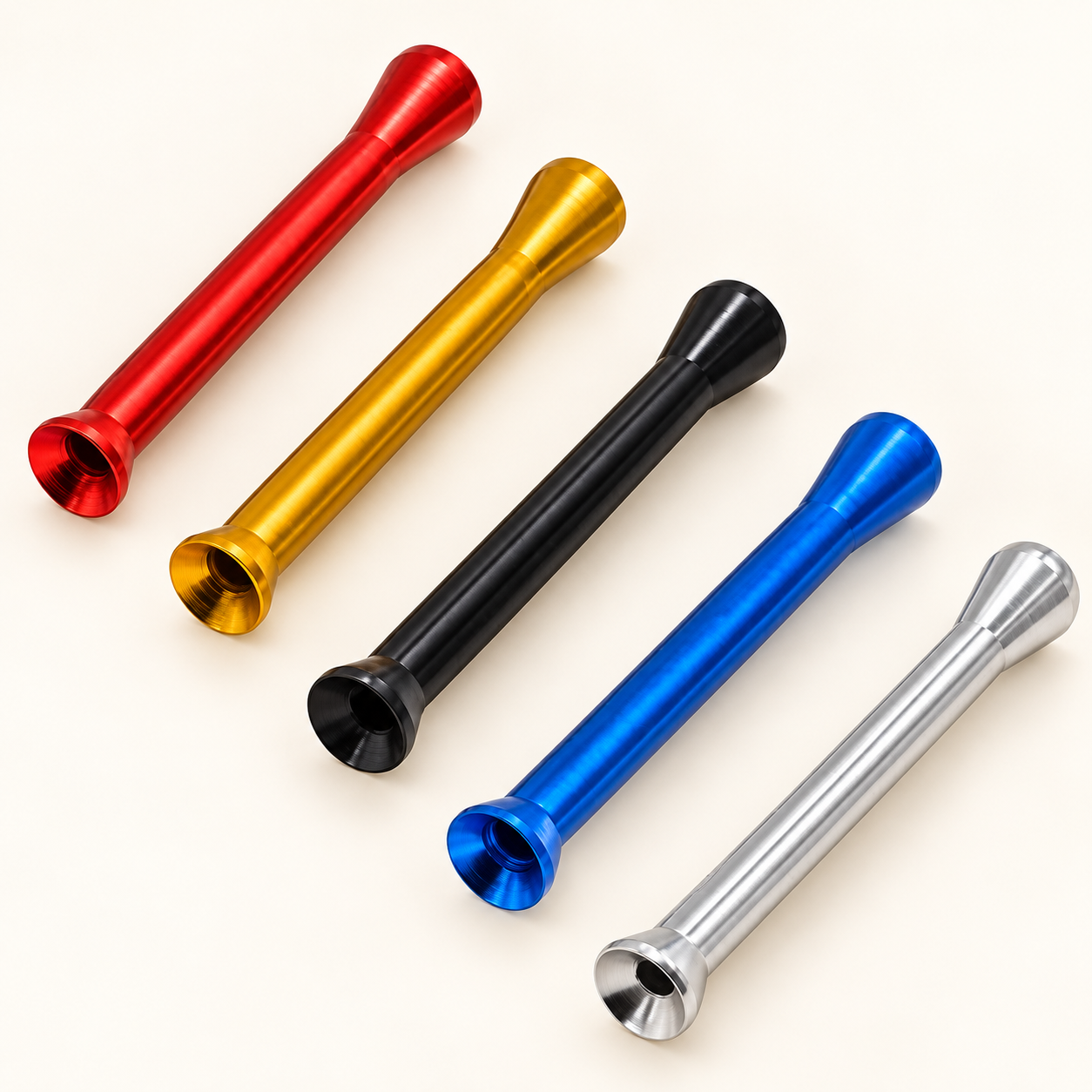 Flared-End Metal Snuff Tubes in photographed stock color assortment